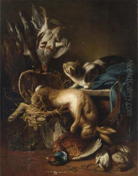 A Still Life With A Dead Hare, A
 Pheasant And Woodcocks, A Cat Watching Partridges Hanging From A Nail Oil Painting by Jan Weenix