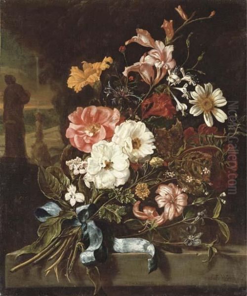 Carnations, Lilies, Narcissi And
 Other Flowers Tied With A Blue Ribbon On A Stone Ledge, A Park Beyond Oil Painting by Jan Weenix