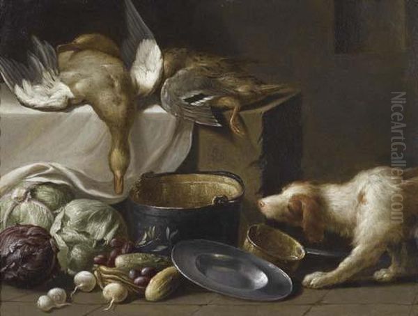 Kitchen Still Life With Ducks, Vegetables, Crockery And A Dog. Oil Painting by Jan Weenix