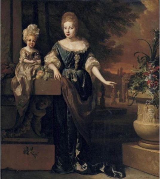 Portrait Of A Mother And Child On A Terrace, A Garden Beyond Oil Painting by Jan Weenix