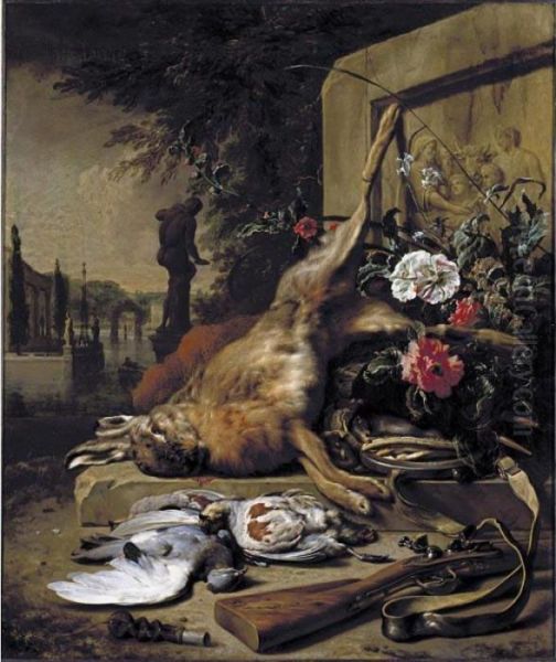 Still Life Of Game, Including A 
Hare, Grey Partridges, A Pigeon, A Musket, A Powder Bag, Trapping Nets 
And Summer Flowers Before A Stone Frieze, The Water Gardens Of A Villa 
Beyond Oil Painting by Jan Weenix