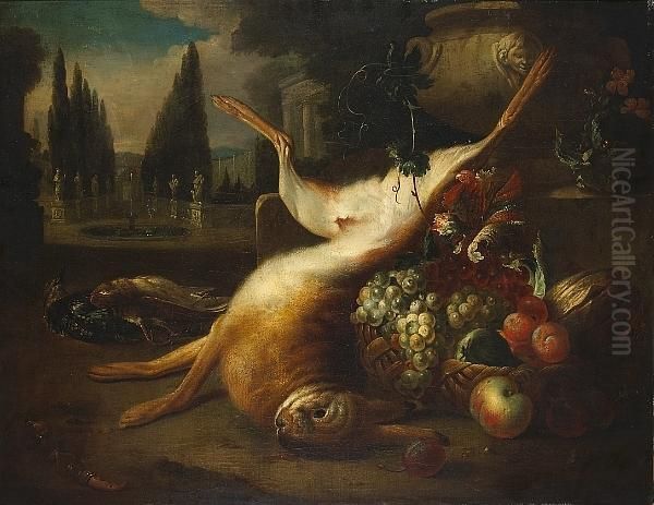 A Still Life With A Dead Hare, Fruit And Other Game In An Elegant Garden Oil Painting by Jan Weenix