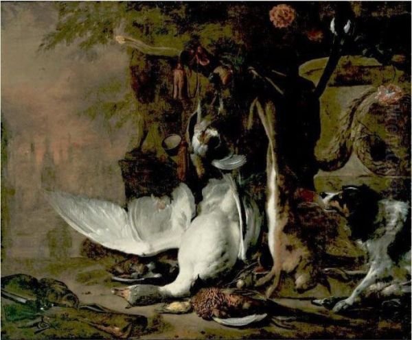 Still Life Of Game Birds And A Hare In A Landscape With A Dog And Hunting Accoutrements Oil Painting by Jan Weenix