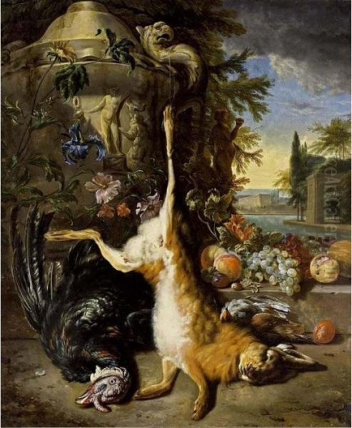 A Hunting Still Life With A 
Hare, A Turkey And Partridges Near A Sculpted Vase With An Iris And 
Other Flowers, Together With Grapes, Peaches And Prunes On A Stone 
Ledge, All In A Park Setting With A View Of A Palace Beyond Oil Painting by Jan Weenix