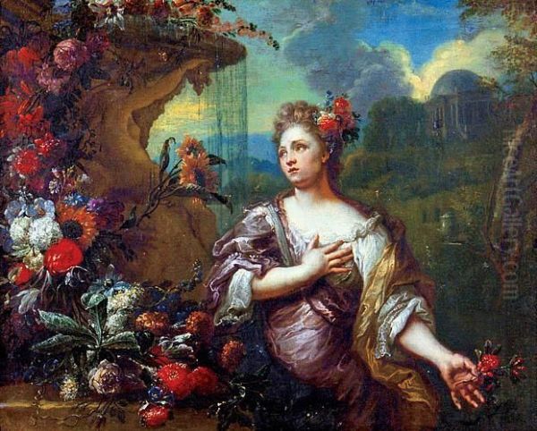 Dama W Ogrodzie Z Fontanna Oil Painting by Jan Weenix