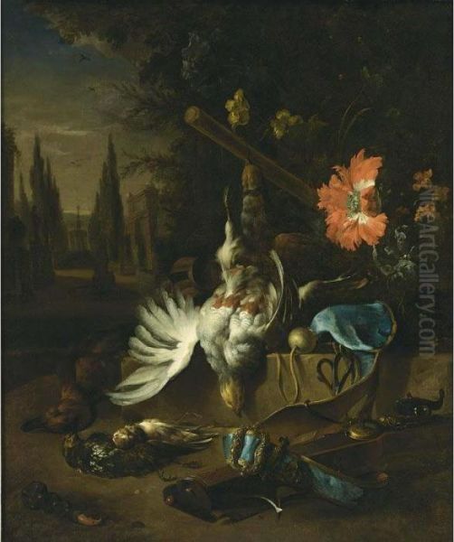 A Hunting Still Life With 
Partridges, A Duck And Other Birds, Together With A Gun And A Opium 
Poppy, All In A Park Setting Oil Painting by Jan Weenix