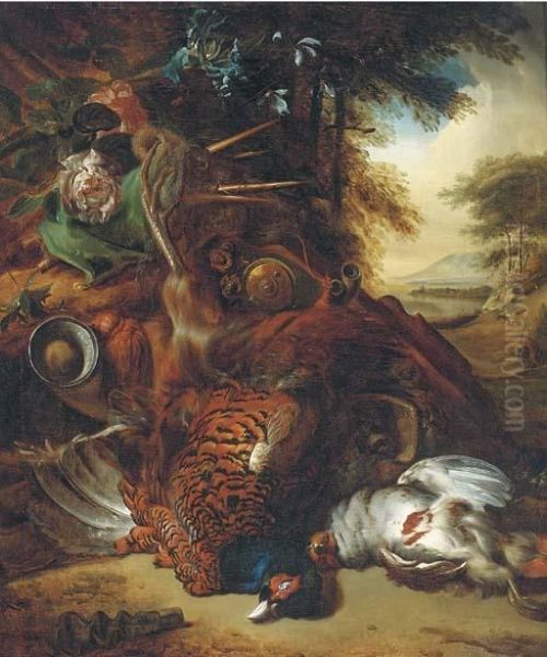 A Hunting Still Life With A 
Partridge, A Pheasant, A Powder Hornand Flowers On A Forest Floor Oil Painting by Jan Weenix