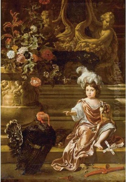 A Boy Seated On A Terrace With 
His Pet Monkey And A Turkey, A Still Life Of Flowers In A Sculpted Urn 
At Left Oil Painting by Jan Weenix