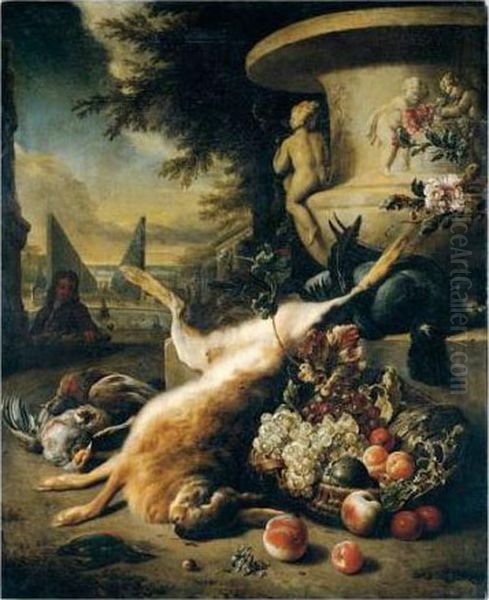 A Still Life Of Game Birds, 
Grouse, A Hare And A Kingfisher, With A Basket Of Fruit At The Foot Of A
 Stone Urn, An Ornamental Garden With A Fountain Beyond Oil Painting by Jan Weenix