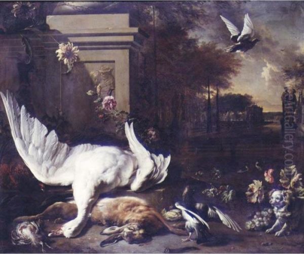 A Still Life Of Game By A Stone 
Monument, Including, A Swan, A Hare, Game Birds, A Spaniel, A Jay And A 
Pigeon In Flight, An Extensive Water Garden Beyond Oil Painting by Jan Weenix