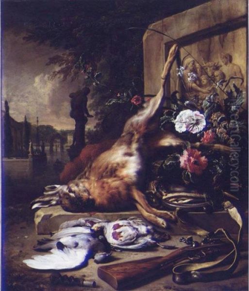 A Still Life Of Game, Including A
 Hare, Grey Partridges, A Pidgeon, A Musket, A Powder Bag, Trapping Nets
 And Summer Flowers Before A Stone Frieze, The Water Gardens Of A Villa 
Beyond Oil Painting by Jan Weenix