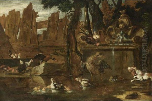 A Hunting Still Life With A Hare, A Cockerel, Partridges, Pigeons, In A Park Setting Oil Painting by Jan Weenix