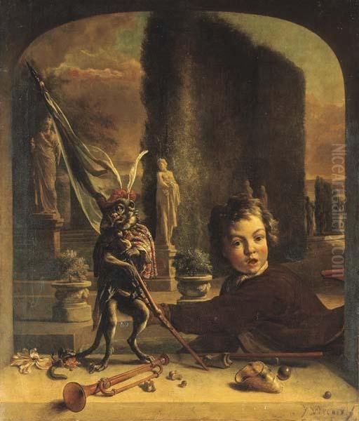 A Trompe L'oeil Casement With A Boy And A Monkey Oil Painting by Jan Weenix