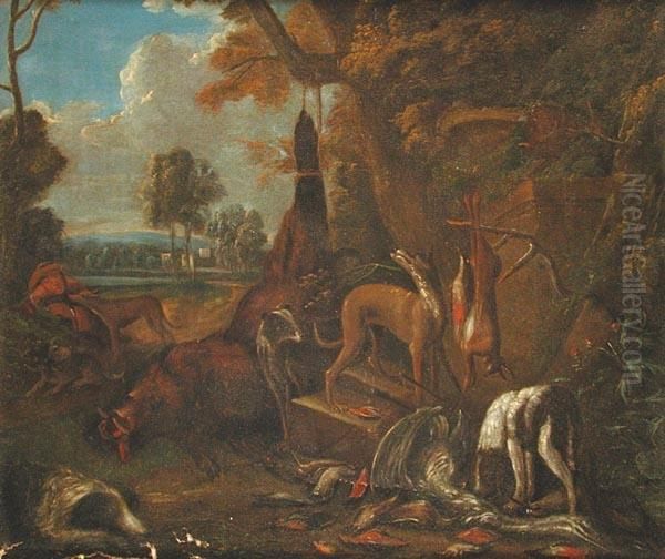 Cerchia Di. Paesaggio Con Cani, Cacciagione E Cacciatore Oil Painting by Jan Weenix