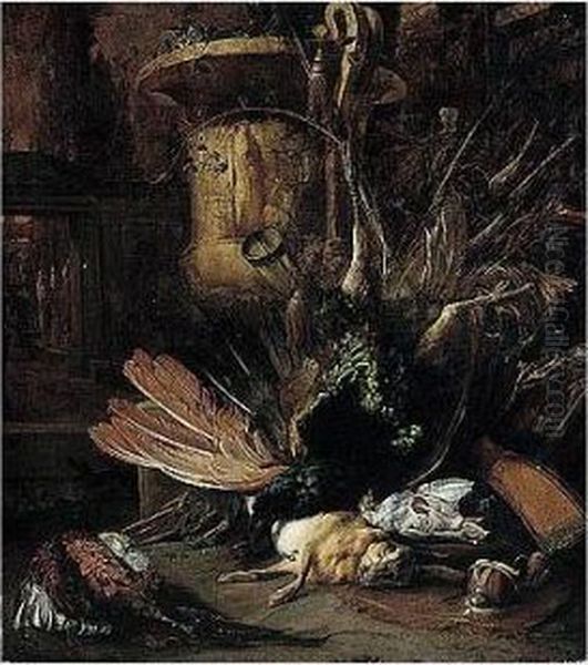 A Still Life Of A Peacock, A 
Hare, Partridge, A Pheasant And Hunting Paraphernalia, In An Ornamental 
Garden Oil Painting by Jan Weenix