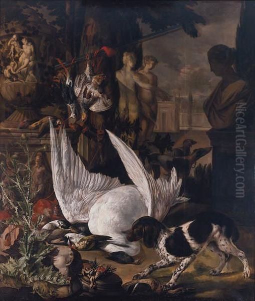 A Spaniel Guarding Dead Birds Amongst Garden Statuary In A Parklandscape Oil Painting by Jan Weenix