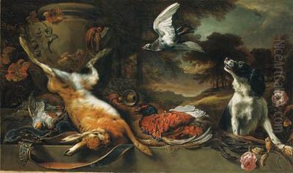 A Spaniel And A Pigeon With A 
Brace Of Partridge, A Cock Pheasantand A Hare, A Horn, And A Satchel 
With A Stone Urn On A Ledge Withroses In A Wooded Landscape Oil Painting by Jan Weenix