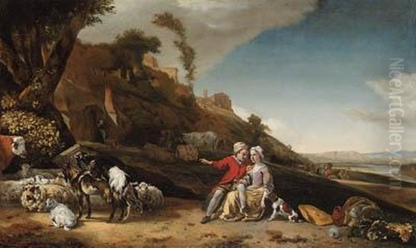 A Young Couple With Goats And Sheep In An Italianatelandscape Oil Painting by Jan Weenix