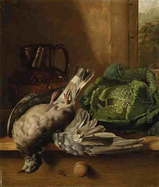 Still Life of Game, Copper Urn and Cabbage on a Wooden Ledge Oil Painting by Henry George Todd