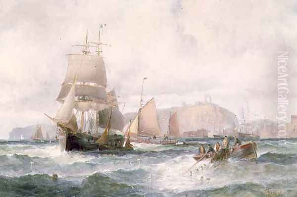 Shipping off a Coastline Oil Painting by William A. Thornley or Thornbery