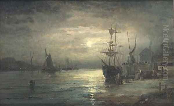 Shipping on the Medway by moonlight Oil Painting by William A. Thornley or Thornbery