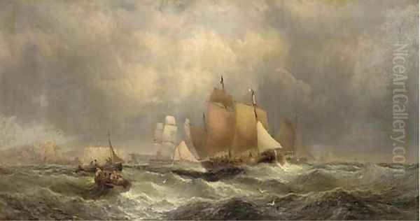 Crowded waters off Whitby Oil Painting by William A. Thornley or Thornbery