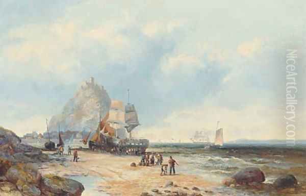 Fishermen on a beach below St. Michael's Mount Oil Painting by William A. Thornley or Thornbery