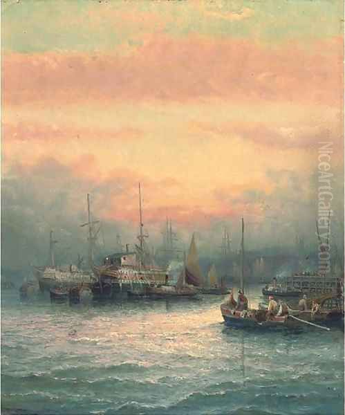 Hulks on the Medway at dusk Oil Painting by William A. Thornley or Thornbery