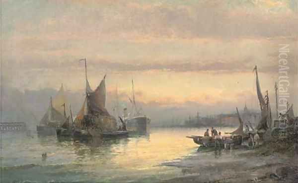 Unloading the day's catch at dusk Oil Painting by William A. Thornley or Thornbery