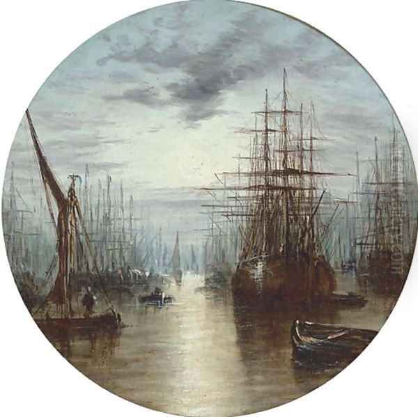 A moonlit harbour Oil Painting by William A. Thornley or Thornbery