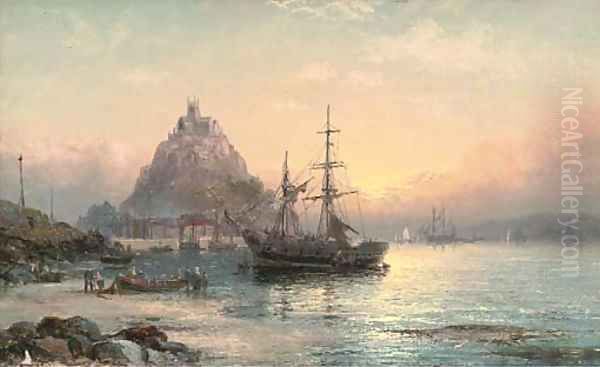 A trading brig at anchor before St. Michael's Mount Oil Painting by William A. Thornley or Thornbery