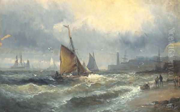 Fishing boats running into a Channel port on the tide Oil Painting by William A. Thornley or Thornbery