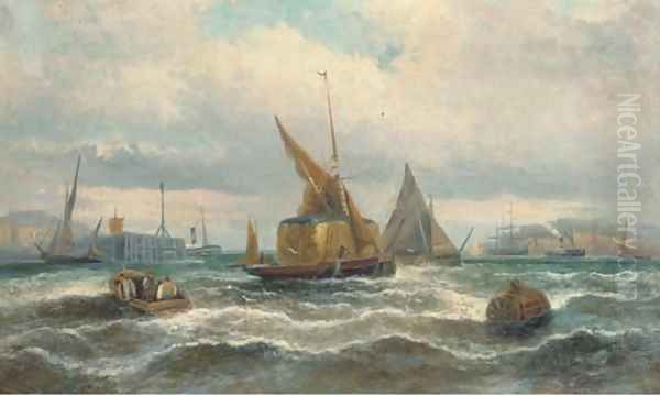 Hay barges and other shipping in the harbour Oil Painting by William A. Thornley or Thornbery