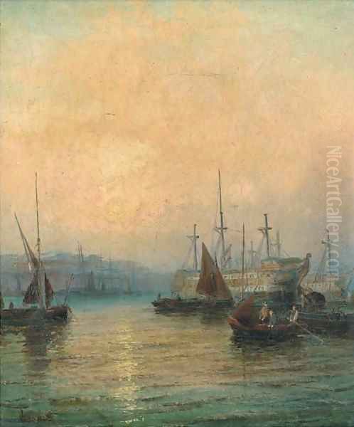 Hulks in the Medway at dusk Oil Painting by William A. Thornley or Thornbery