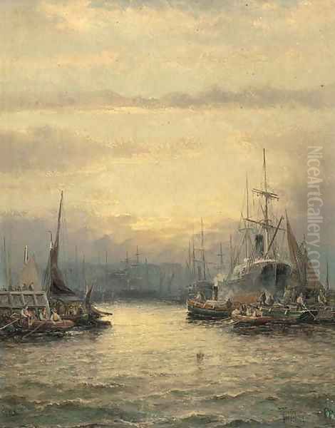 The Thames at Millwall Oil Painting by William A. Thornley or Thornbery