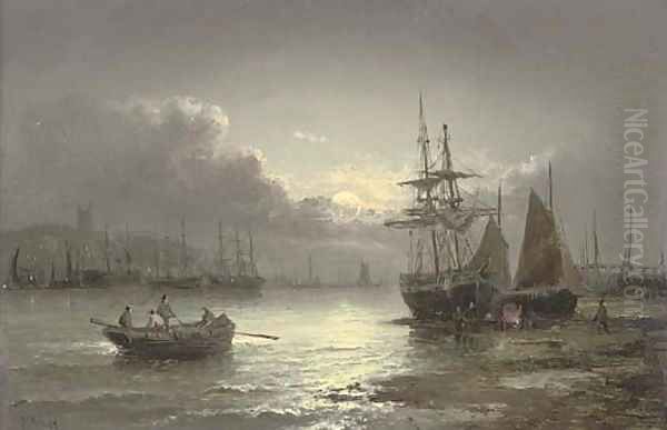 Whitby by moonlight Oil Painting by William A. Thornley or Thornbery