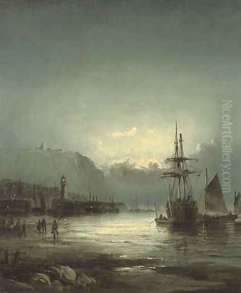 Whitby harbour at dusk Oil Painting by William A. Thornley or Thornbery