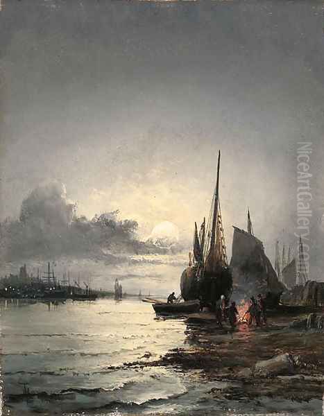 A Port at night and day Oil Painting by William A. Thornley or Thornbery