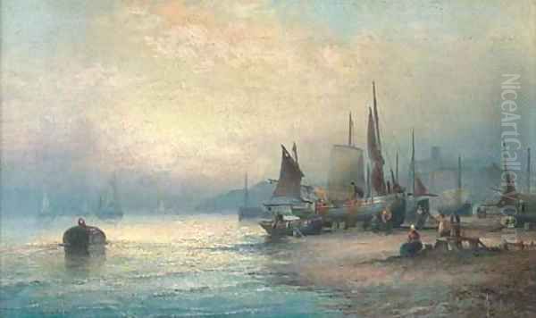 Fisherfolk on the foreshore at Whitby at dusk Oil Painting by William A. Thornley or Thornbery