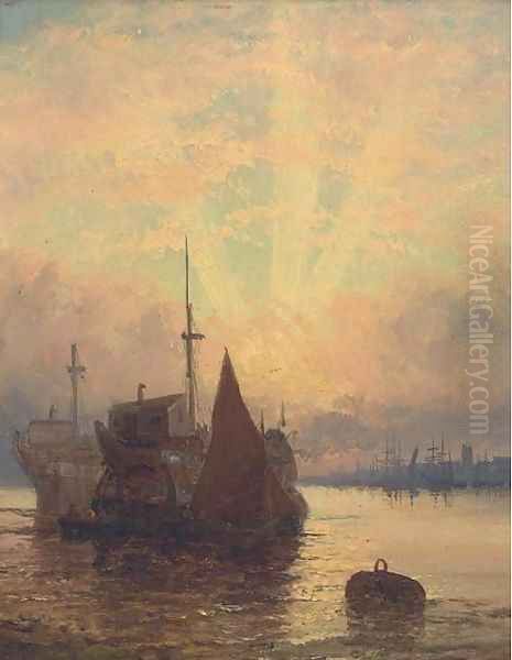 Old hulks on the Medway at dusk Oil Painting by William A. Thornley or Thornbery