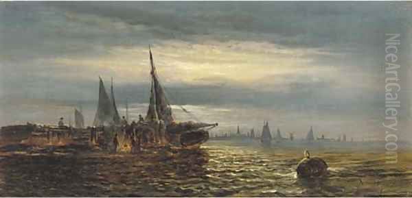 Fisherman ashore awaiting dawn Oil Painting by William A. Thornley or Thornbery