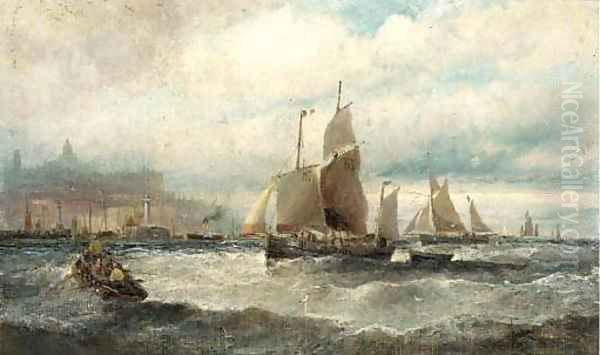 Fishing vessels by a Channel port Oil Painting by William A. Thornley or Thornbery