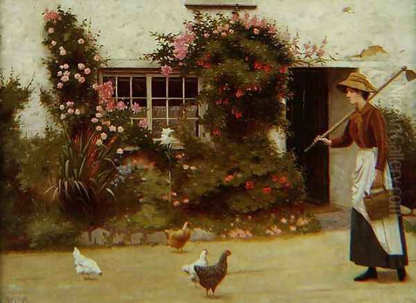 Young girl with a hoe outside a cottage Oil Painting by Ralph Todd