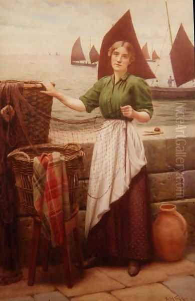 Girl Mending Nets Oil Painting by Ralph Todd