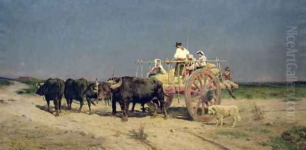 Wagon with Buffalo by the Beach Oil Painting by Aurelio Tiratelli