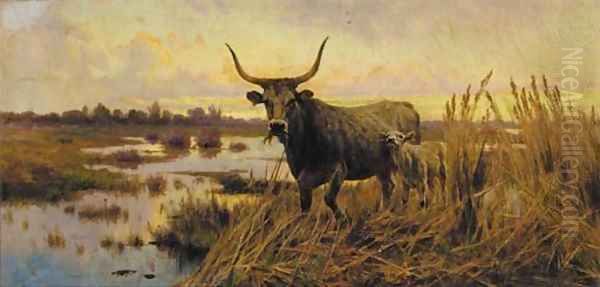 Water Buffalo in the Roman Campagna Oil Painting by Aurelio Tiratelli