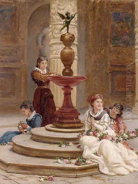 Girls making flower garlands beside a fountain Oil Painting by Frank William Warwick Topham