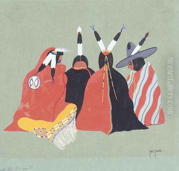 Kiowa Making Medicine, 1929 Oil Painting by Monroe Tsatoke