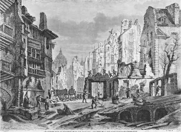 Paris, demolitions for the building of Rue des Ecoles, view taken from rue Saint-Nicolas du Chardonnet, engraved by Charles Maurand 19th century Oil Painting by Felix Thorigny