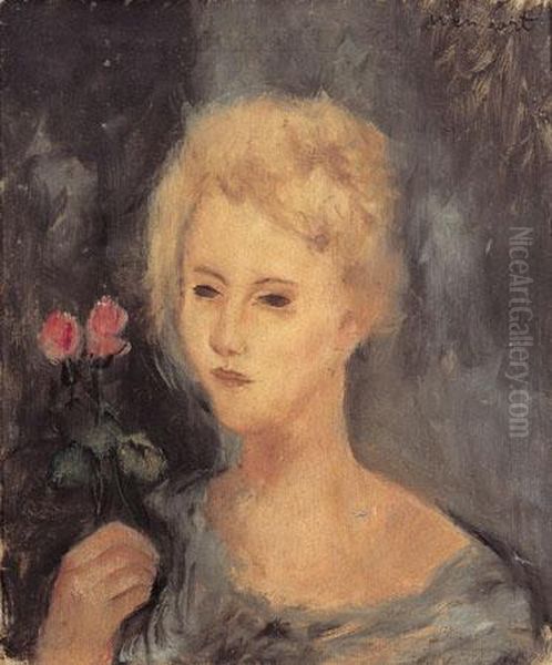 Woman Holding Two Roses Oil Painting by Joachim Weingart